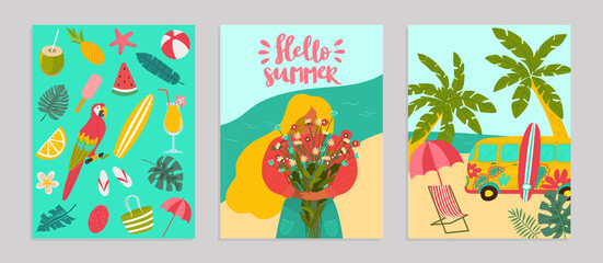 Set poster hello summer concept banner, pattern tropical hot relax flat vector illustration. Surf flyer advertising, ocean rest seaside. Templates ads billboard, palm tree woman hold bouquet flower. © partyvector