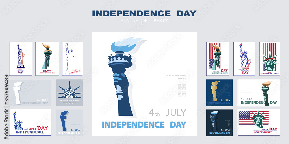 Wall mural Independence day poster, hand with torch, presentation, banner. Statue of Liberty, set of flat blue design templates. USA flag, holiday. Symbol of America. New York. Advertising text header, vector