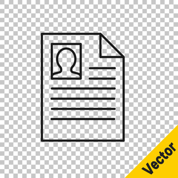 Black line Resume icon isolated on transparent background. CV application. Searching professional staff. Analyzing personnel resume. Vector Illustration.
