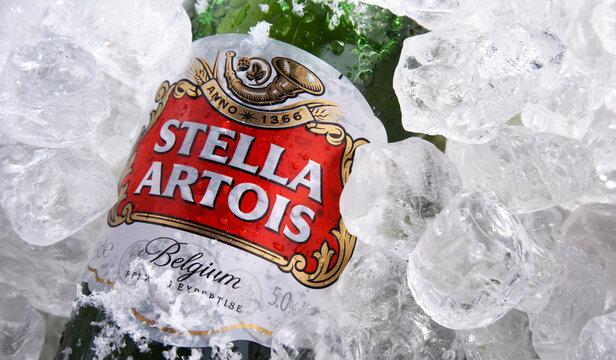 Bottle of Stella Artois beer in crushed ice