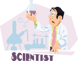 Scientist chemist analyzes laboratory flask. Funny people.