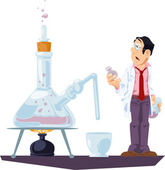 Scientist chemist analyzes laboratory flask. Funny people.