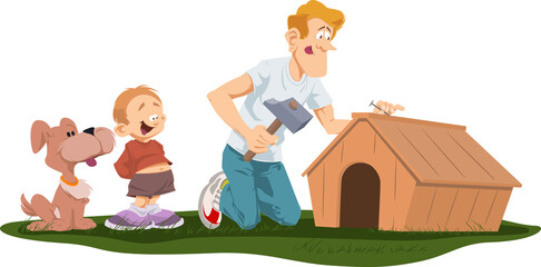 Father and son are building kennel for dog.