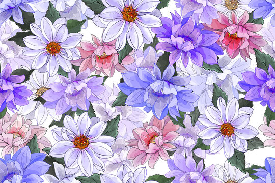 Pretty Floral Seamless Pattern with Multi-colored Flowers Dahlias and Leaves on White Background. Watercolor style. For Textile, Wallpapers, Print, Greeting. Vector Illustration.
