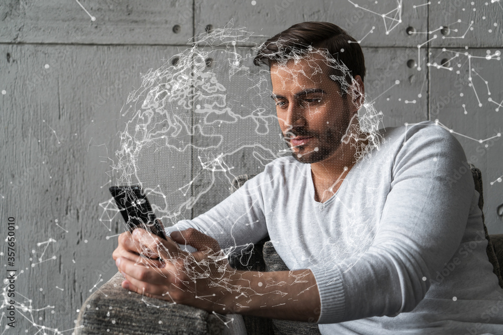 Poster double exposure of world map drawing hologram and a man searching information on phone in internet.