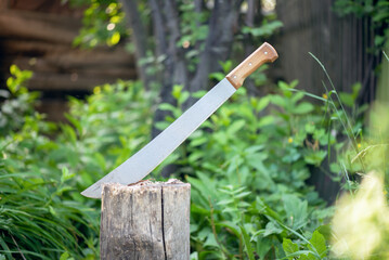 Sharp machete in a wooden stump background.
