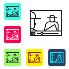 Black line Online play video icon isolated on white background. Film strip with play sign. Set icons in color square buttons. Vector Illustration.