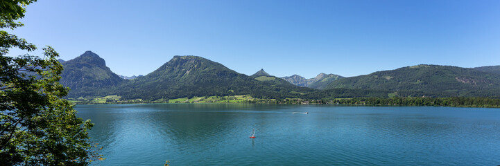 Panorama from Landscape of Wolfgangsee lake with its surrounding mountains. Austria
