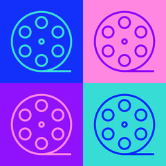 Pop art line Film reel icon isolated on color background. Vector Illustration.