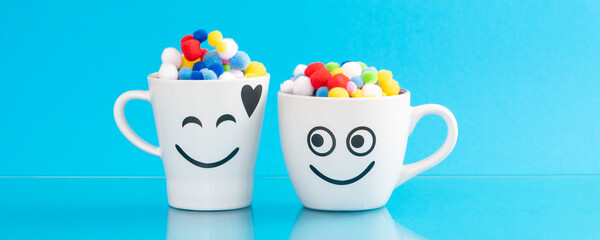 Couple of Happy Mug with smiley face. Happiness, smile, fresh and love Concept. Coffee for two.