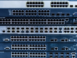 Server room with computers for internet. Network cables connected to switches.