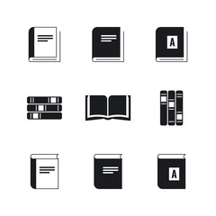 Set of book icons in single color. Simple images open book and different covers. To illustrate education, reading, library. Isolated illustration on white background. Flat style. Vector stock image