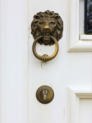 Messing Türklopfer Löwenkopf auf weißer Haustür