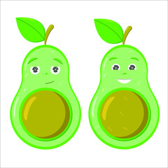 Cute, green avocado character with different characters. Print for clothes, stickers.