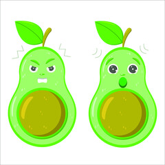 Cute, green avocado character with different characters. Print for clothes, stickers.