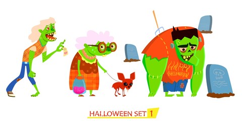 Happy Halloween, zombie set. Cartoon vector illustration.