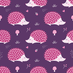 Seamless pattern with cute handdrawn hedgehogs in the forest.