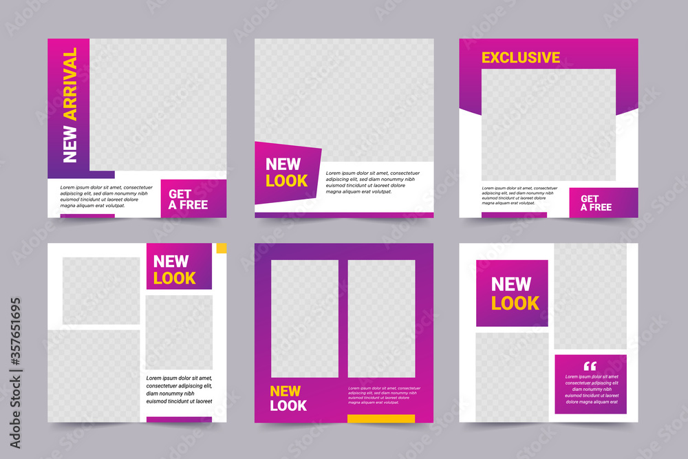 Wall mural set of editable square banner template. black and yellow background color with stripe line shape. su