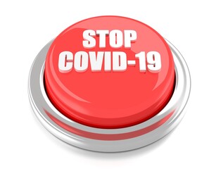 STOP COVID-19 on red push button. 3D illustration. Isolated background.