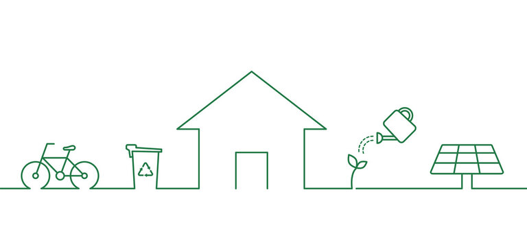 Eco friendly home. House, bicycle, recycle bin, solar panel, plant. Green living concept. Go green idea. Recycling. Thin line icons. Outline on white background. Vector illustration, flat, clip art. 