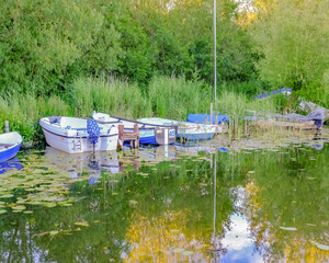 Fototapeta na wymiar 1 Small pleasure boats moored in the staithe at Barton Turf in the Norfolk Broads