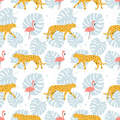 Naklejka premium Seamless pattern with flamingo, cheetahs, leopards and tropical leaves in the jungle . Vector illustration