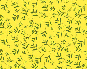 Seamless vector pattern with randomly scattered tea leaves on a trendy yellow background. Green tea print, wrapping paper, wallpaper. Modern bright design. Vector illustration.