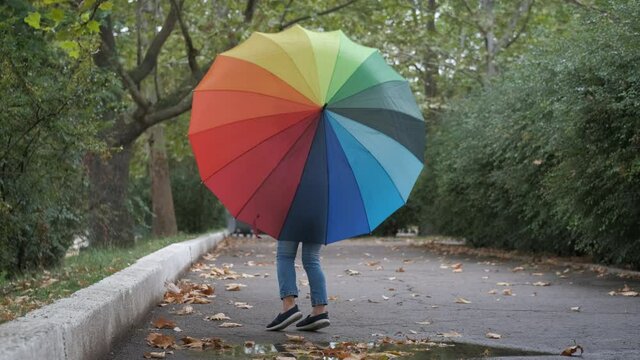 Have fun with umbrella. Happy little girl with a large multi-colored umbrella in the autumn park.