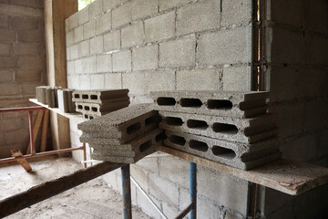 Concrete block, cinder blocks, breeze blocks, Cement blocks on construction site.