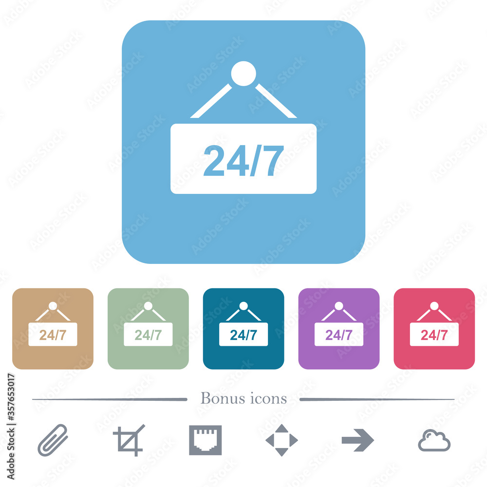Poster hanging table with 24h seven days a week flat icons on color rounded square backgrounds
