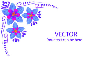 copy space flower, vector illustration, pink flowers with blue leaves, with decorative curves, purple flowers, your text can be here