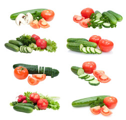 collection of fresh cucumber and tomato isolated on white background