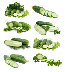 collection of fresh cucumbers isolated on white background