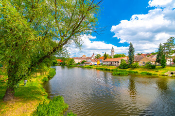 Obraz premium Panoramic view of Dolni Kounice city, South Moravia region, Czech republic. Small city with river in the middle.
