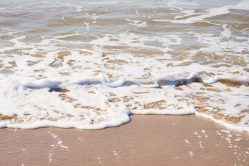Sandy beach on a sunset with reflection on wet sand and waves with foam. Copy space.