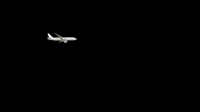 Flying three dimensional passenger plane in white on a black background HD 1080
