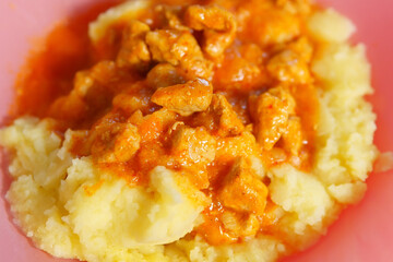 Beef stew with mashed potatoes, selective focus, a person eating food with a fork