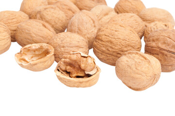 scattered walnuts isolated on the white background
