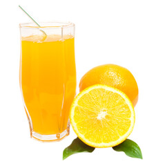sliced oranges with glass of orange juice isolated on white background