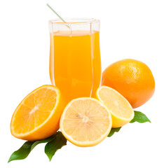 sliced lemons and oranges with glass of jiuce isolated on white