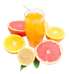 sliced juicy oranges, grapefruits and lemons with glass of juice isolated on white