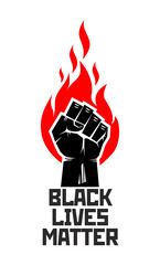 BLM protest concept poster.  Black lives matter and raised strong fist. Illustration, vector