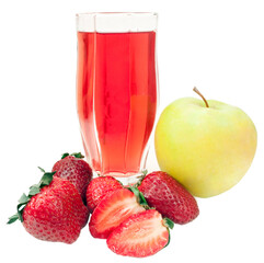 green apple and strawberry with glass of juice isolated on white