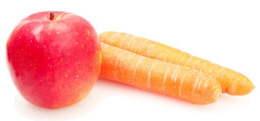 red apple and carrots isolated on white background