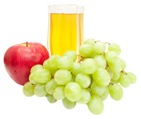grape and apple with glass of juice isolated on white background