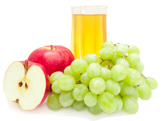 apples and grape with glass of juice isolated on white