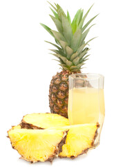 pineapple and segments with glass of juice isolated on white background