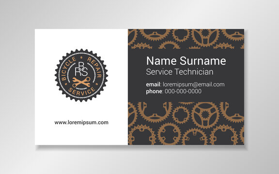 Vector business card design template with bike tool silhouettes. Good for bicycle repair service, center; bicycle parts shop.