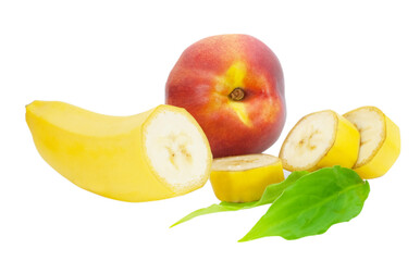sliced banana and nectarine isolated on white background
