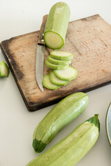 Cooking fresh ripe garden zucchini. Raw organic vegetables